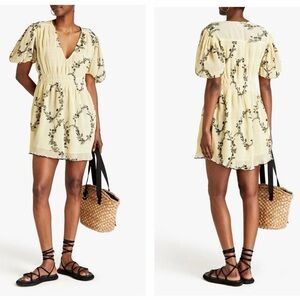 Nwot Ganni Pale Yellow Floral Pleated Georgette Mini Dress